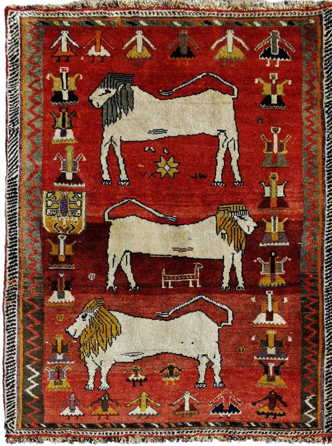 171 x 115 cm Persian Shiraz Qashqai Tribal Lion Design Red Rug - Rugmaster