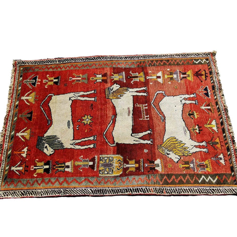 171 x 115 cm Persian Shiraz Qashqai Tribal Lion Design Red Rug - Rugoutlet