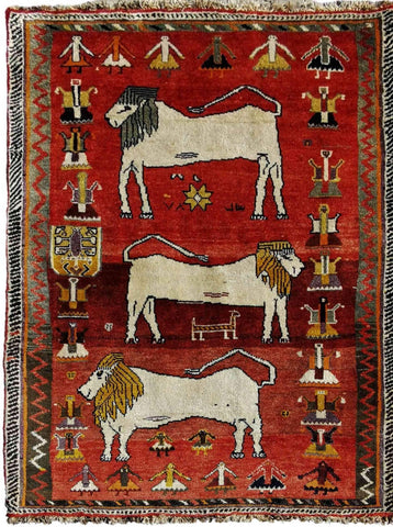 171 x 115 cm Persian Shiraz Qashqai Tribal Lion Design Red Rug - Rugmaster