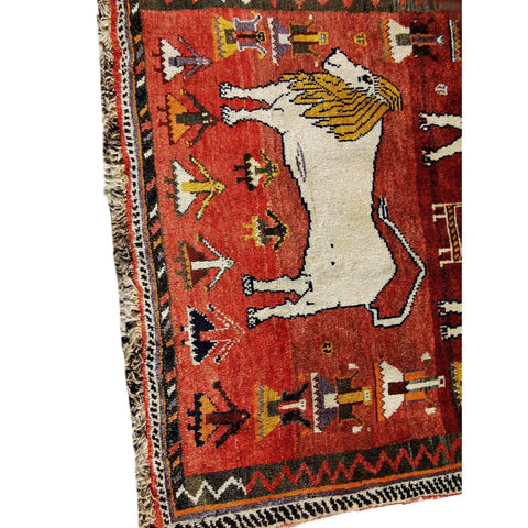 171 x 115 cm Persian Shiraz Qashqai Tribal Lion Design Red Rug - Rugmaster