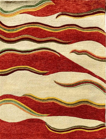 A hand-tufted rug with a vibrant red background and cheerful yellow accents, featuring a geometric pattern.