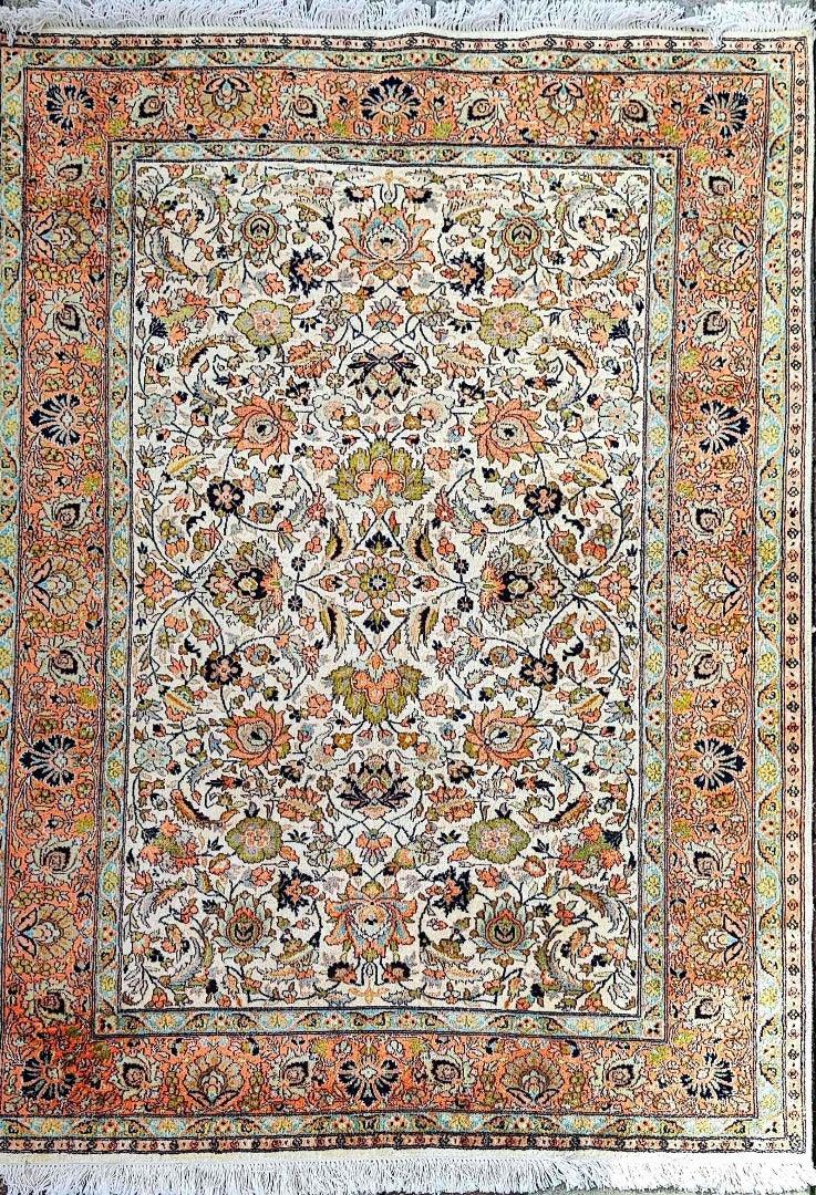 180 x 122 cm Kashmir Silk Orange White Pattern Traditional White Rug - Rugoutlet