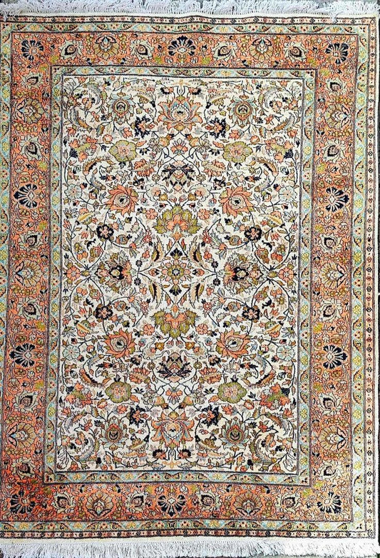 180 x 122 cm Kashmir Silk Orange White Pattern Traditional White Rug - Rugoutlet
