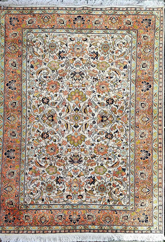 180 x 122 cm Kashmir Silk Orange White Pattern Traditional White Rug - Rugoutlet