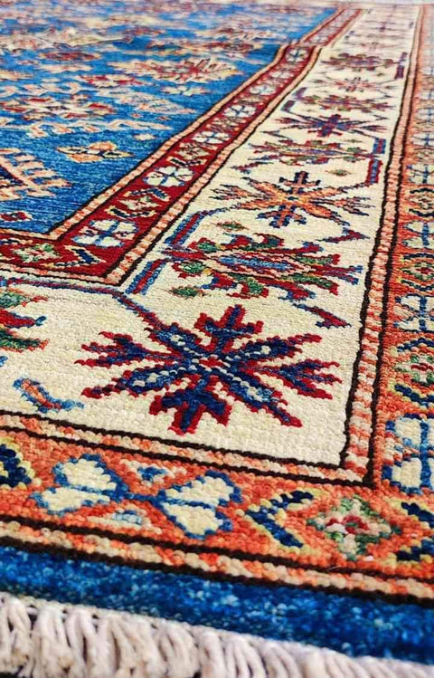 183 x 121 cm Super Kazak Wool Pakistan Traditional Blue Rug - Rugoutlet