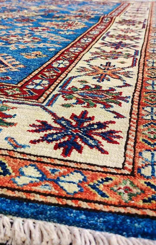 183 x 121 cm Super Kazak Wool Pakistan Traditional Blue Rug - Rugoutlet