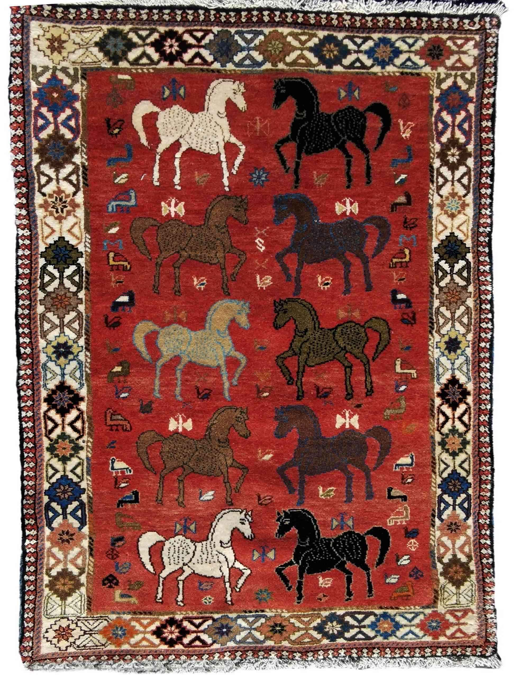 200 x 100 cm Qashqai Persian Tribal Red Horse Rug - Rugoutlet