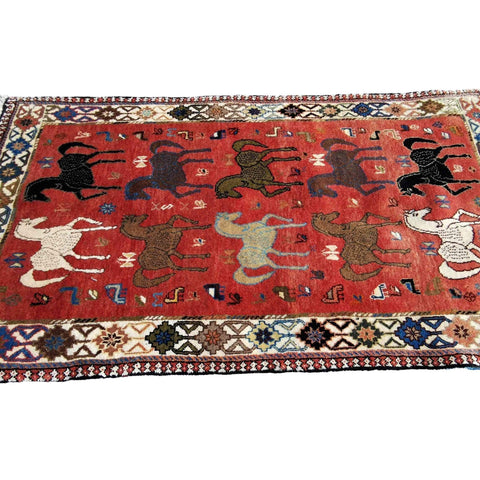 200 x 100 cm Qashqai Persian Tribal Red Horse Rug - Rugoutlet
