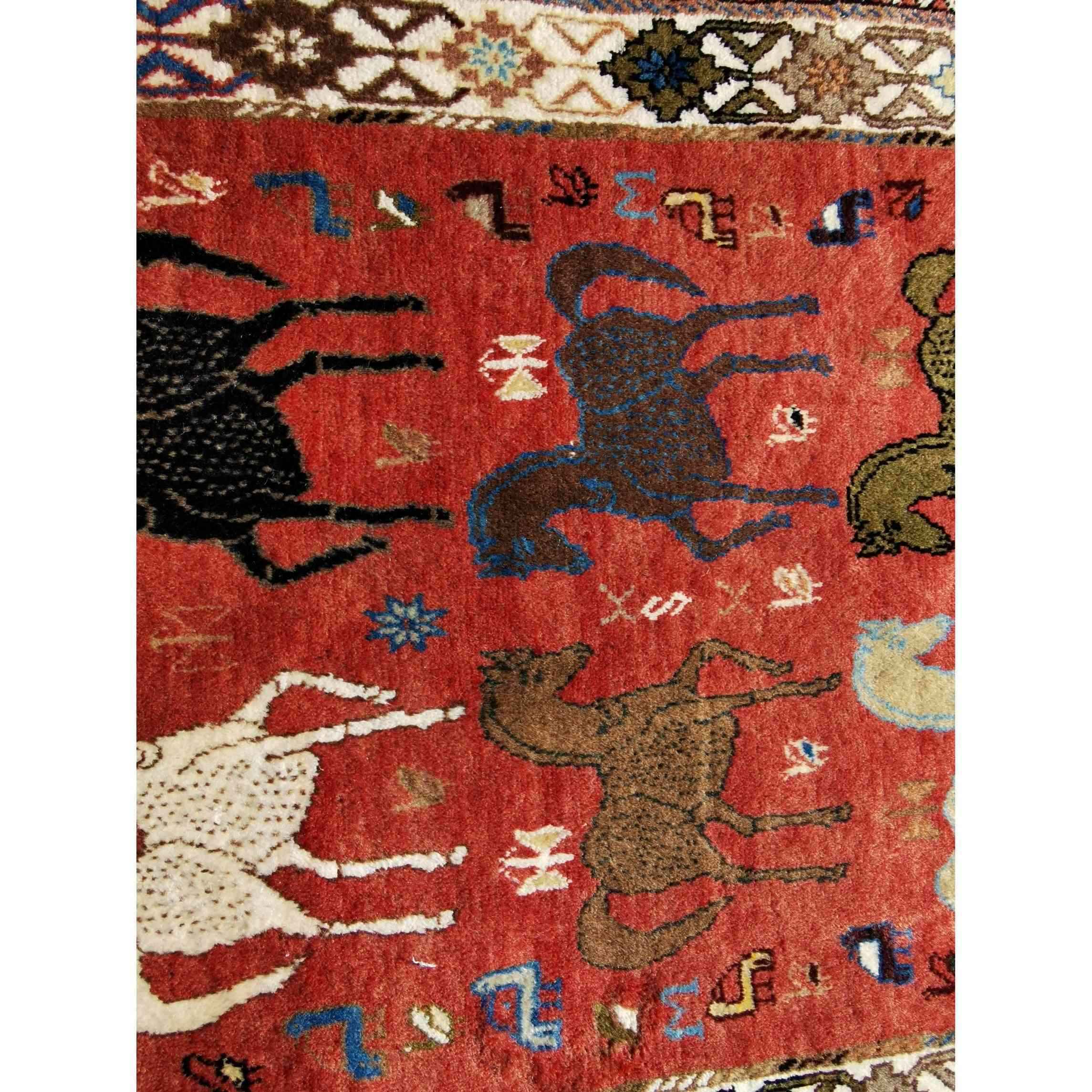 200 x 100 cm Qashqai Persian Tribal Red Horse Rug - Rugoutlet