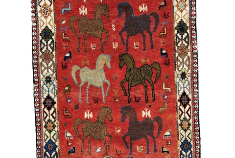 200 x 100 cm Qashqai Persian Tribal Red Horse Rug - Rugoutlet