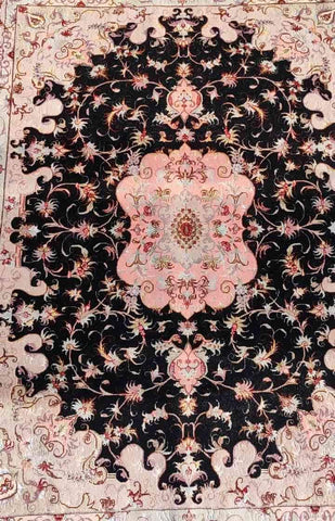 200 x 150 cm Persian Fine Tabriz silk and wool Black Rug - Rugoutlet