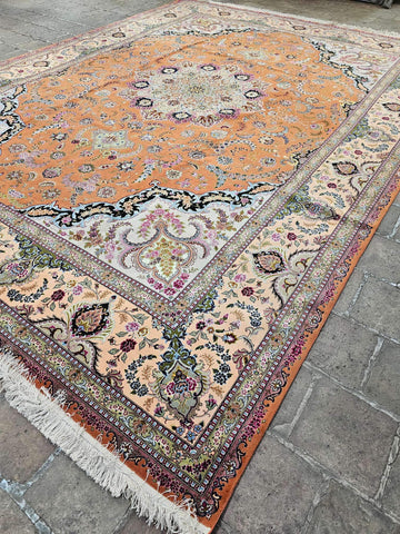 Persian Tabriz Handmade Silk & Wool Medallion Rug Orange, Ivory & Cream 405 × 298 cm