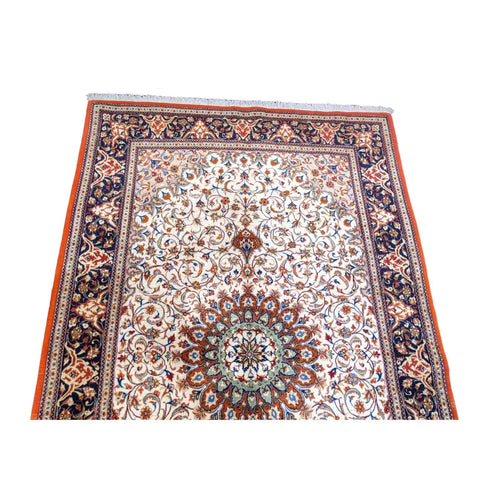 216 x 136 cm Persian Handmade Qum Traditional White Rug - Rugmaster