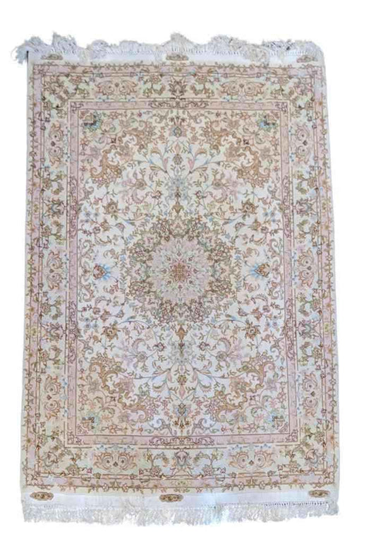 220 x 147 cm Fine Persian Tabriz Silk Traditional Beige Rug - Rugmaster