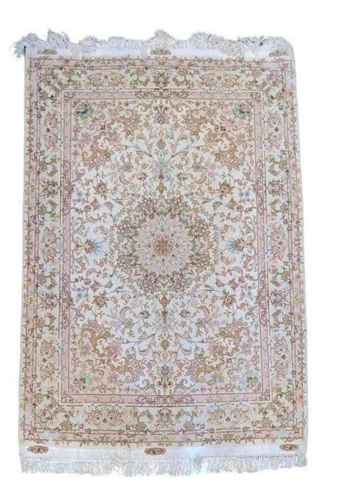 220 x 147 cm Fine Persian Tabriz Silk Traditional Beige Rug - Rugoutlet