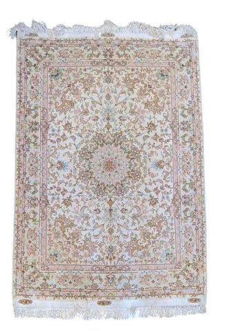 220 x 147 cm Fine Persian Tabriz Silk Traditional Beige Rug - Rugoutlet