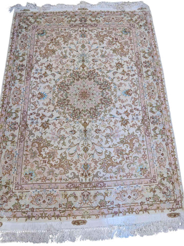 220 x 147 cm Fine Persian Tabriz Silk Traditional Beige Rug - Rugoutlet