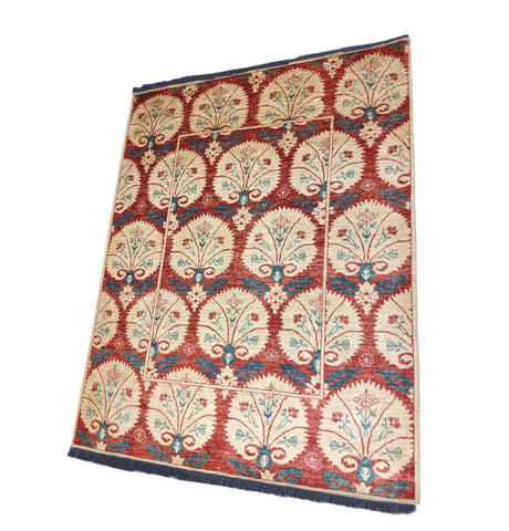 220 x 173 cm Modern Handmade Red & Beige Rug - Rugmaster