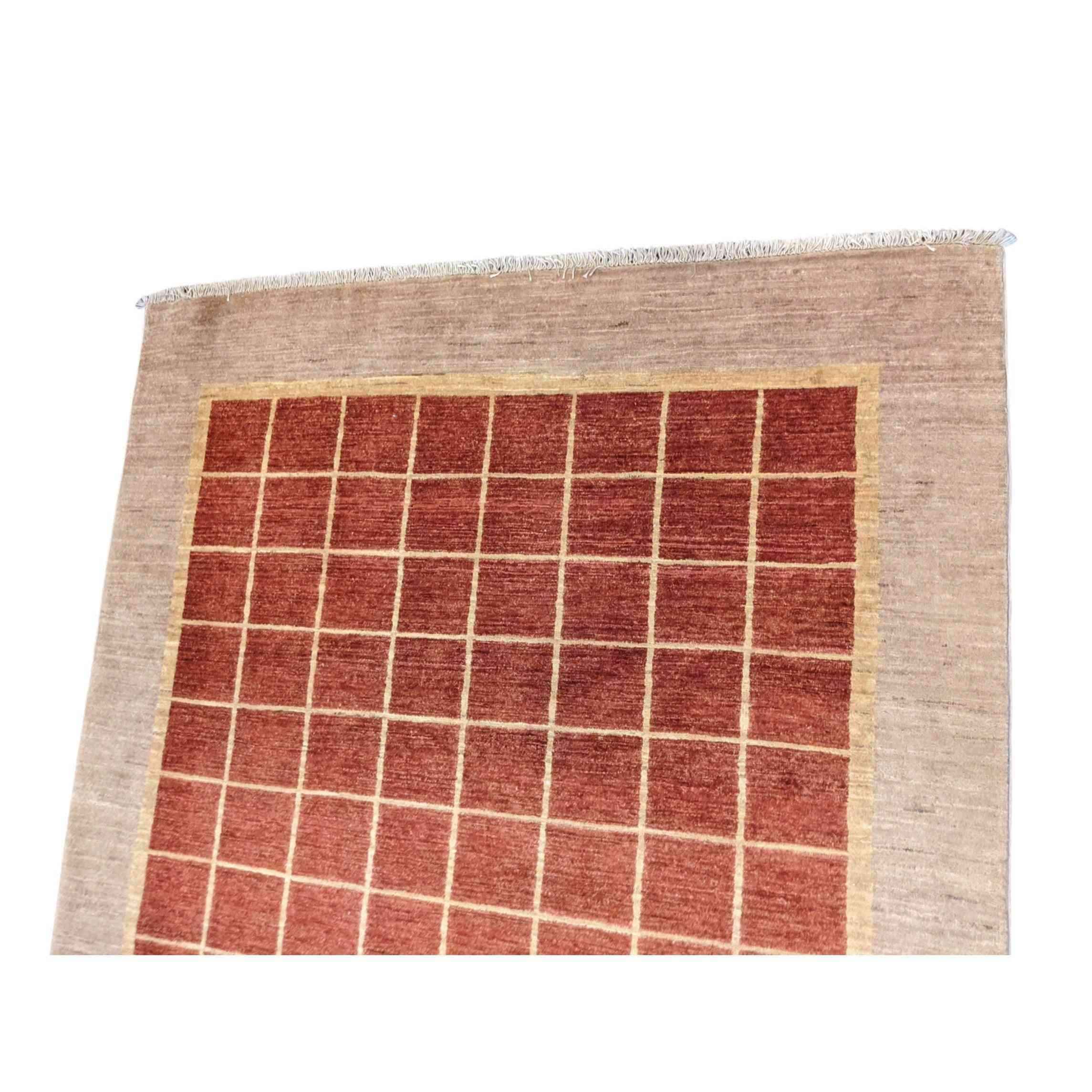 231 x 171 cm Modern Handmade Natural dye check design Red Rug - Rugmaster