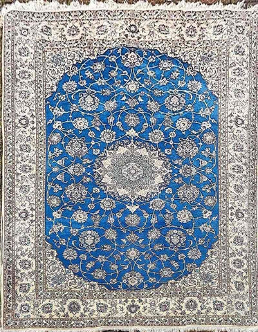 242 x 158 cm Fine Persian Nain Blue Floral Traditional Blue Rug - Rugoutlet