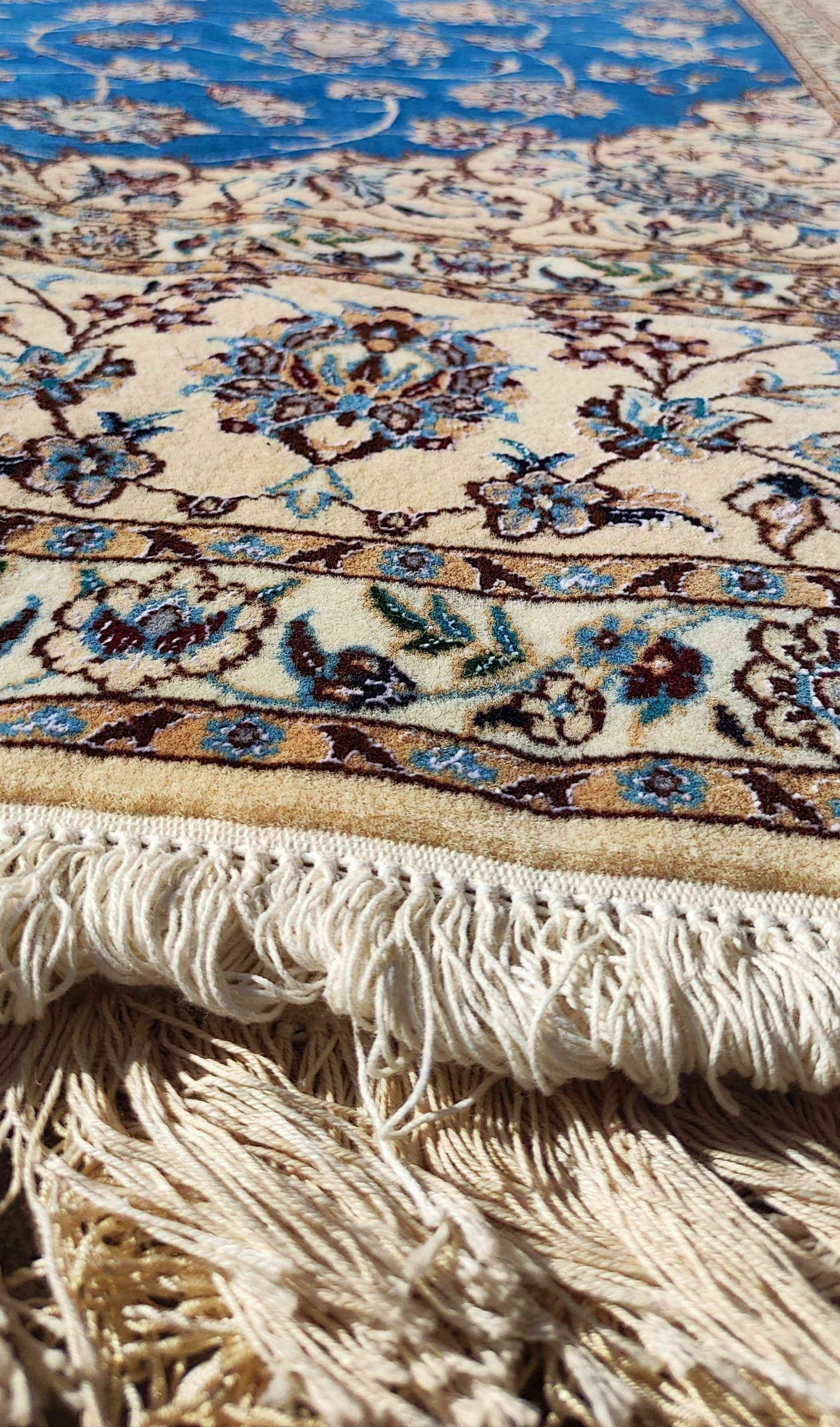 242 x 158 cm Fine Persian Nain Blue Floral Traditional Blue Rug - Rugmaster