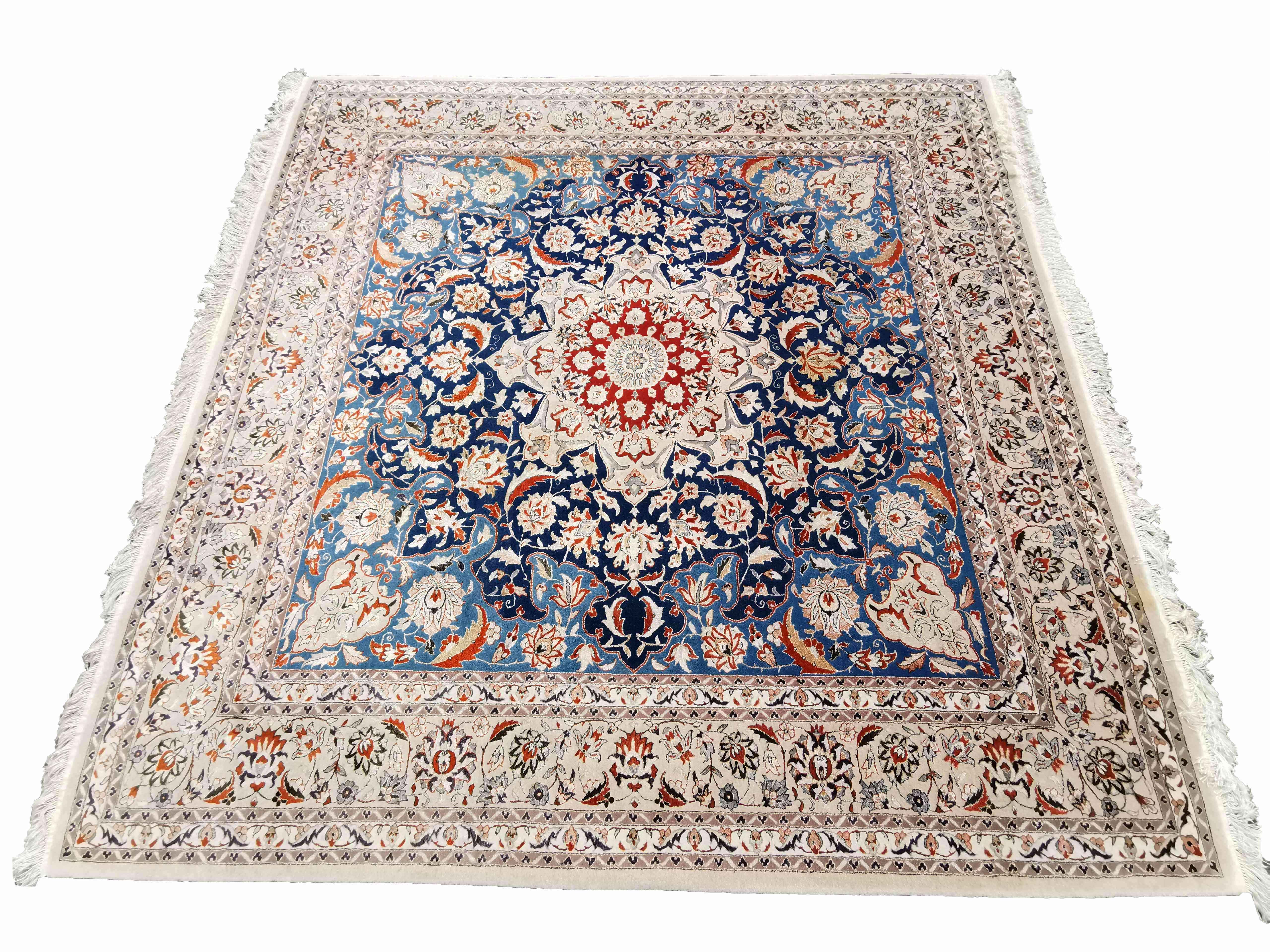 250 x 246 cm Fine Silk Tabriz design Traditional Blue Rug - Rugoutlet