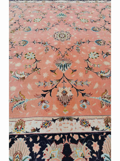 252 x 200 cm Fine Tabriz Salmon Pink wool and silk Traditional Rug - Rugmaster