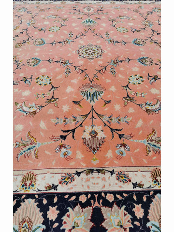 252 x 200 cm Fine Tabriz Salmon Pink wool and silk Traditional Rug - Rugmaster
