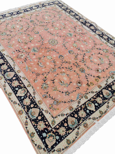 252 x 200 cm Fine Tabriz Salmon Pink wool and silk Traditional Rug - Rugmaster