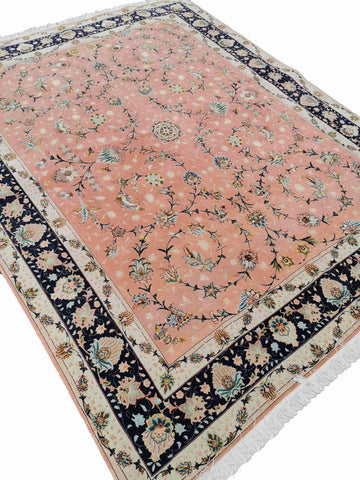 252 x 200 cm Fine Tabriz Salmon Pink wool and silk Traditional Rug - Rugmaster