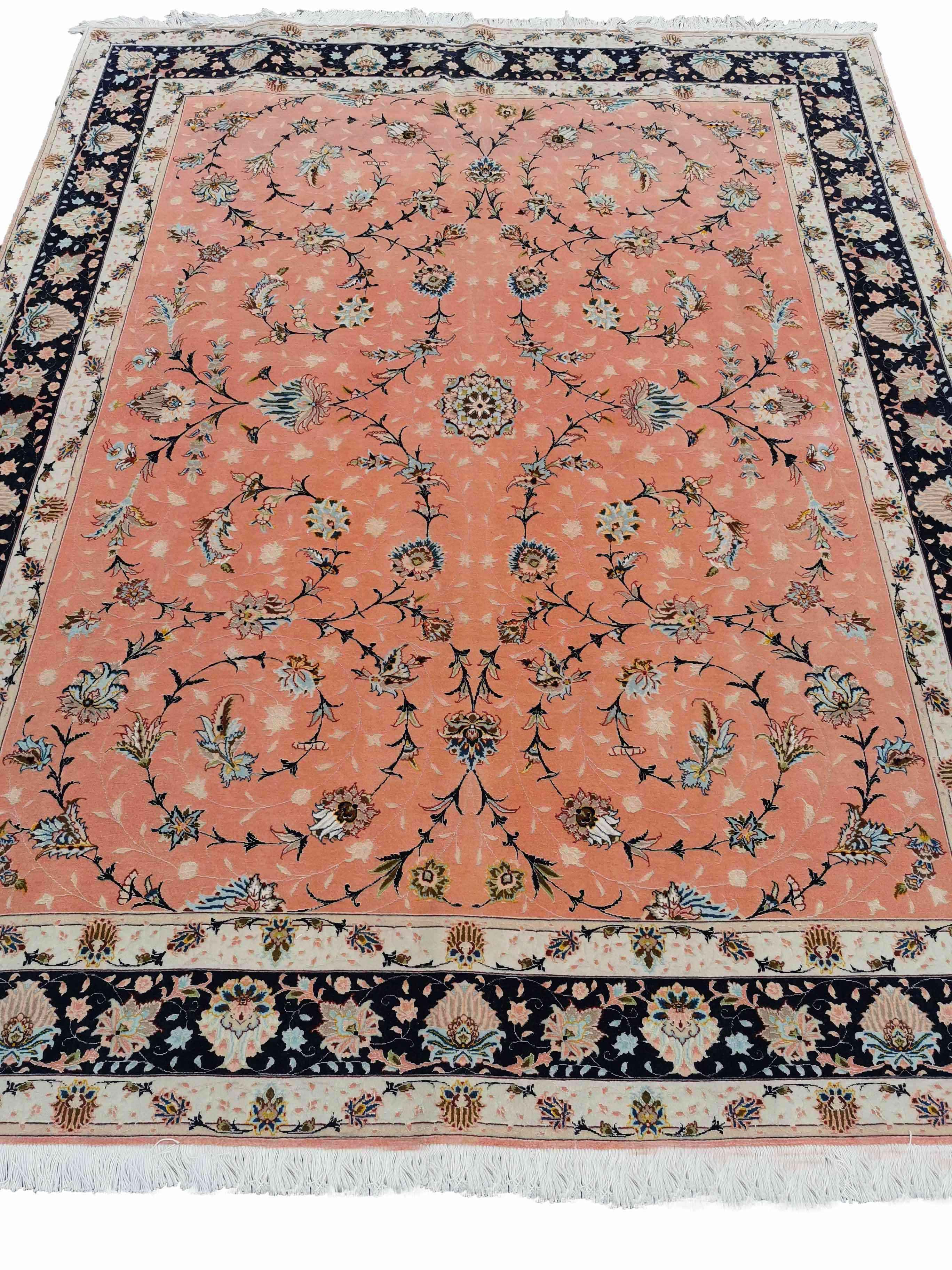 252 x 200 cm Fine Tabriz Salmon Pink wool and silk Traditional Rug - Rugmaster