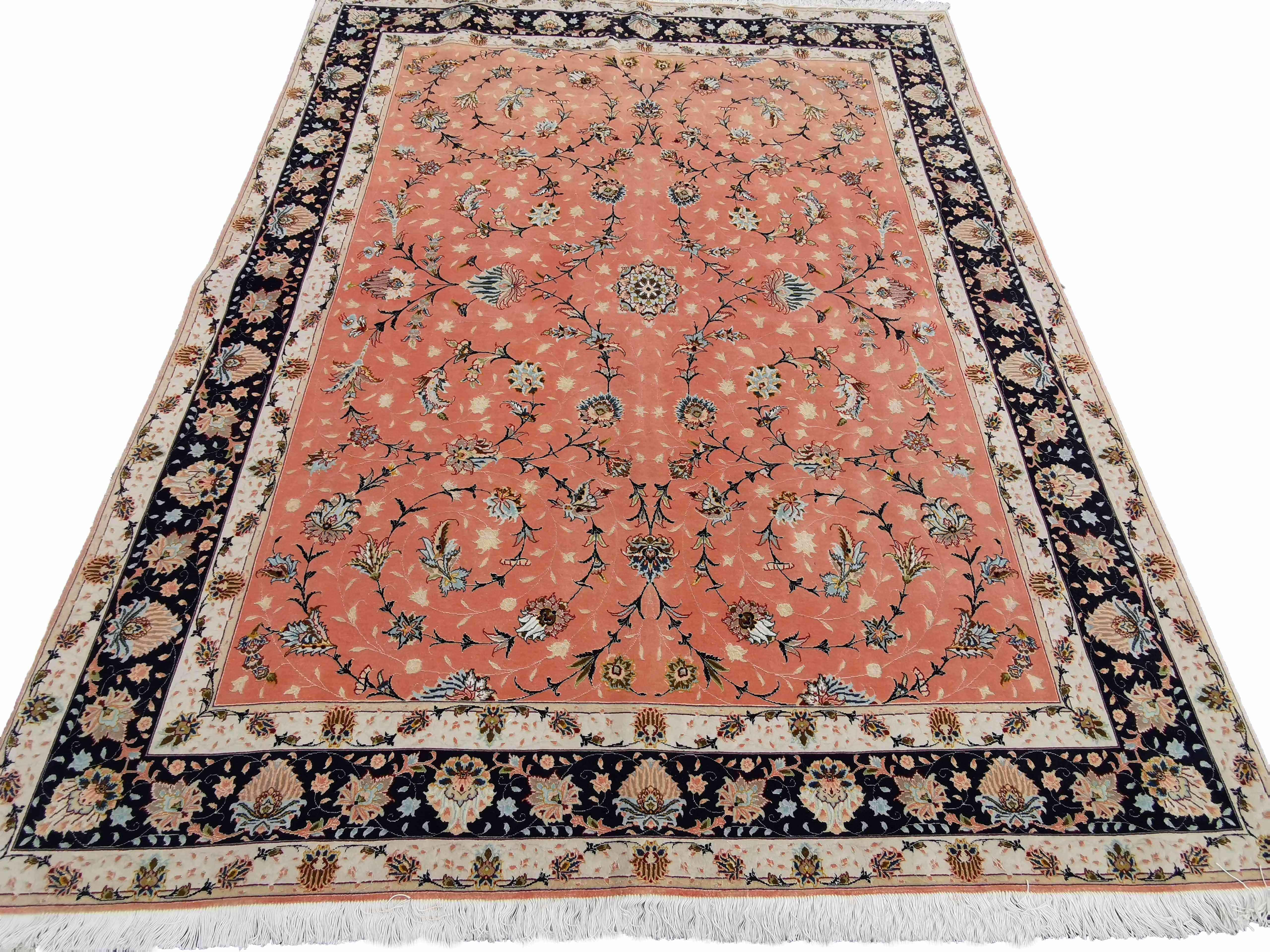 252 x 200 cm Fine Tabriz Salmon Pink wool and silk Traditional Rug - Rugmaster