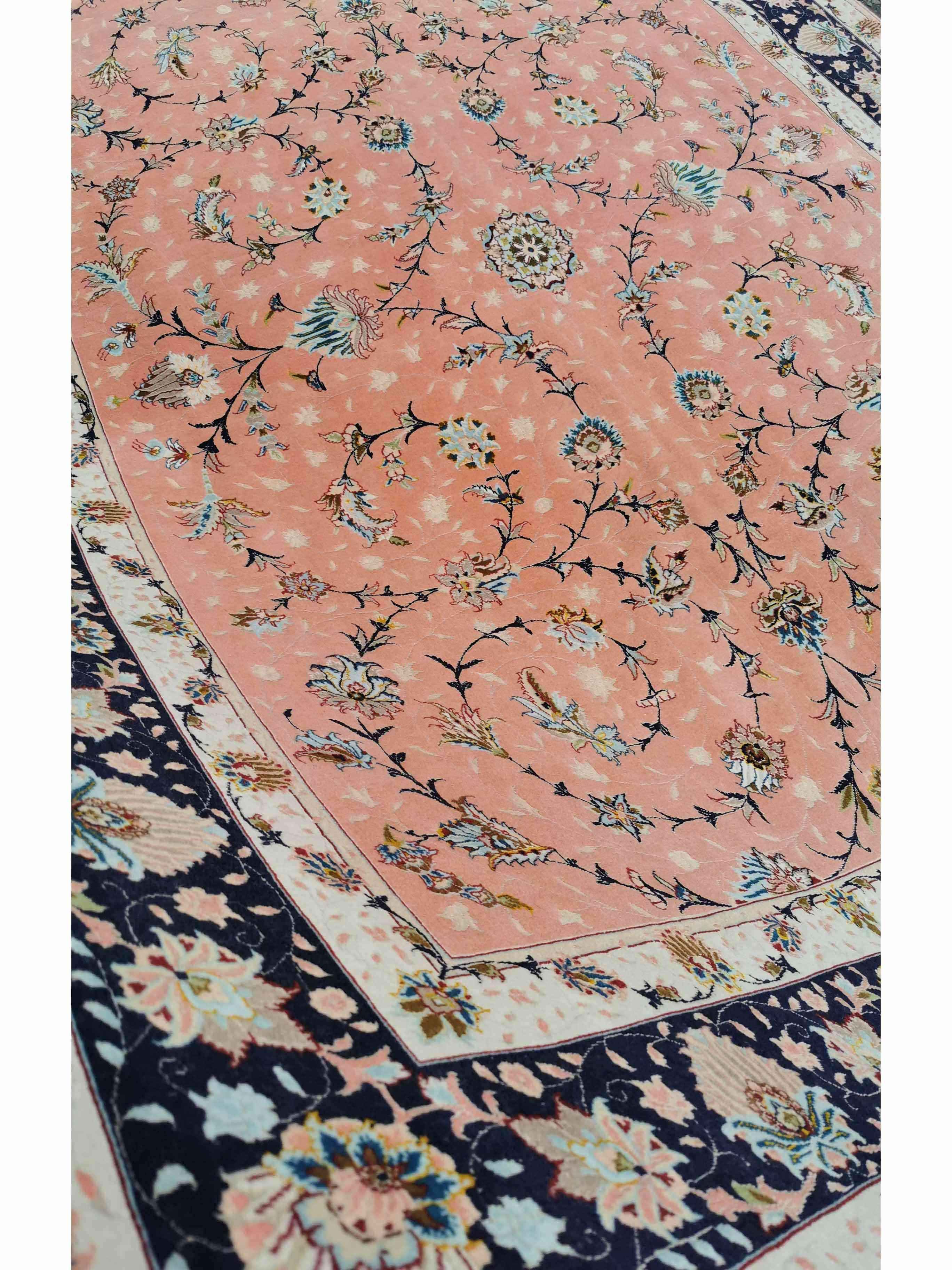 252 x 200 cm Fine Tabriz Salmon Pink wool and silk Traditional Rug - Rugoutlet