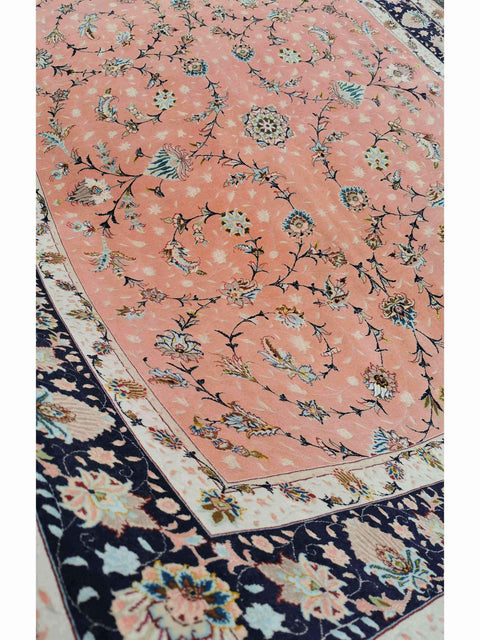 252 x 200 cm Fine Tabriz Salmon Pink wool and silk Traditional Rug - Rugmaster