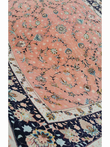 252 x 200 cm Fine Tabriz Salmon Pink wool and silk Traditional Rug - Rugmaster