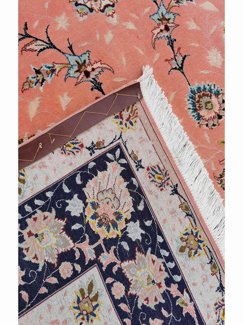 252 x 200 cm Fine Tabriz Salmon Pink wool and silk Traditional Rug - Rugmaster