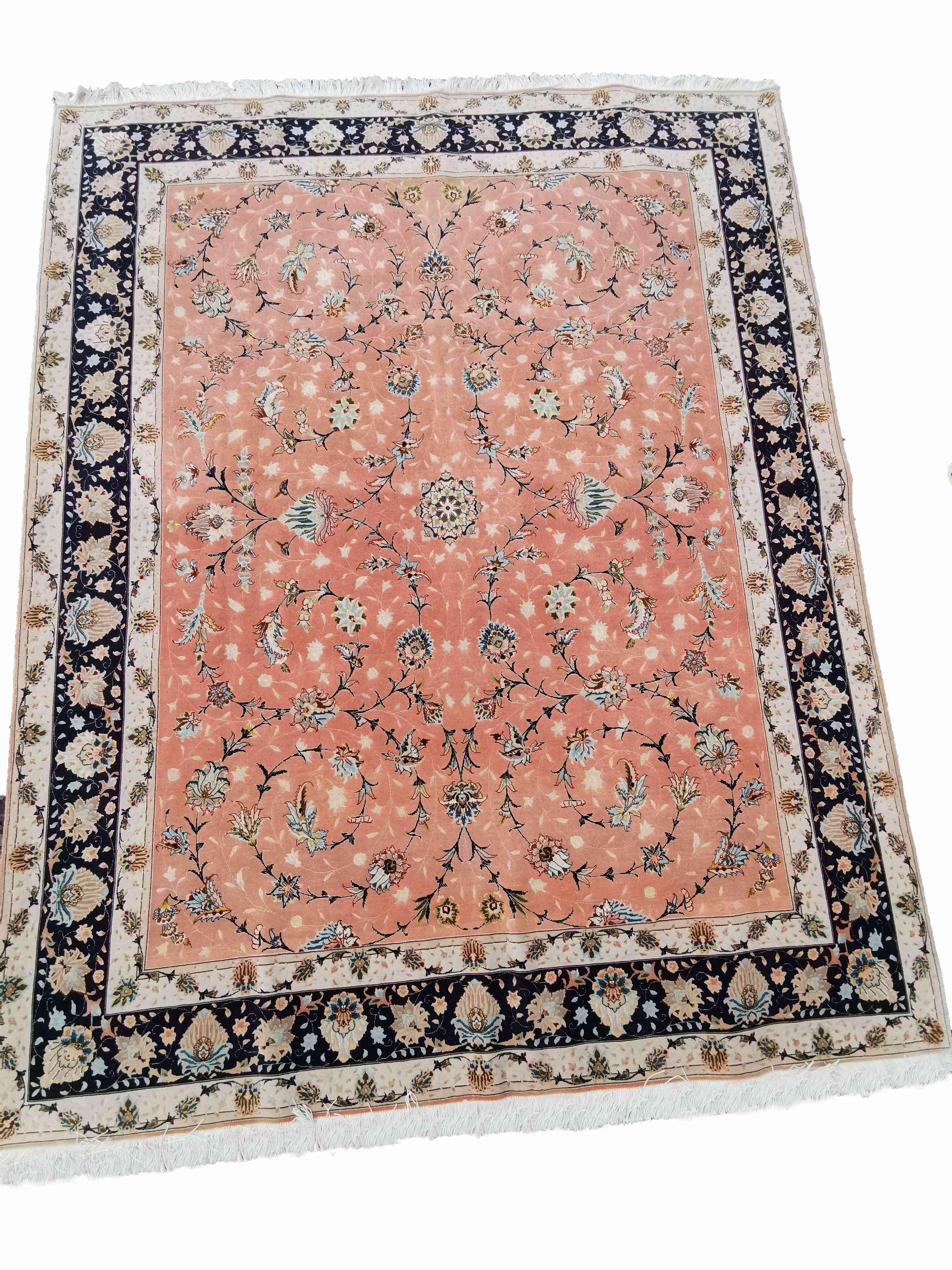252 x 200 cm Fine Tabriz Salmon Pink wool and silk Traditional Rug - Rugmaster