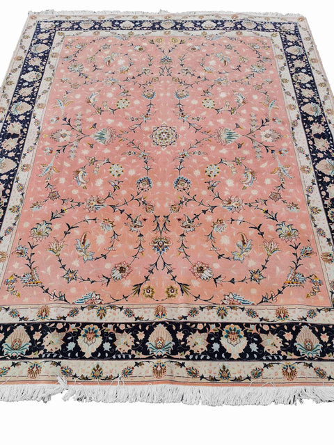 252 x 200 cm Fine Tabriz Salmon Pink wool and silk Traditional Rug - Rugmaster