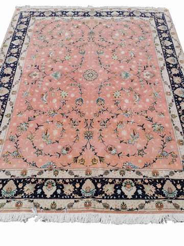 252 x 200 cm Fine Tabriz Salmon Pink wool and silk Traditional Rug - Rugmaster