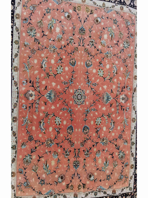 252 x 200 cm Fine Tabriz Salmon Pink wool and silk Traditional Rug - Rugmaster