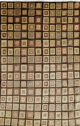 A contemporary wool rug with a geometric concentric square design in earthy tones, featuring a mix of brown, beige, and other colors.