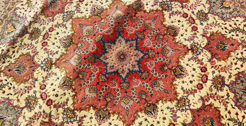 300 D Fine Persian Tabriz Red Round Yellow Rug - Rugoutlet