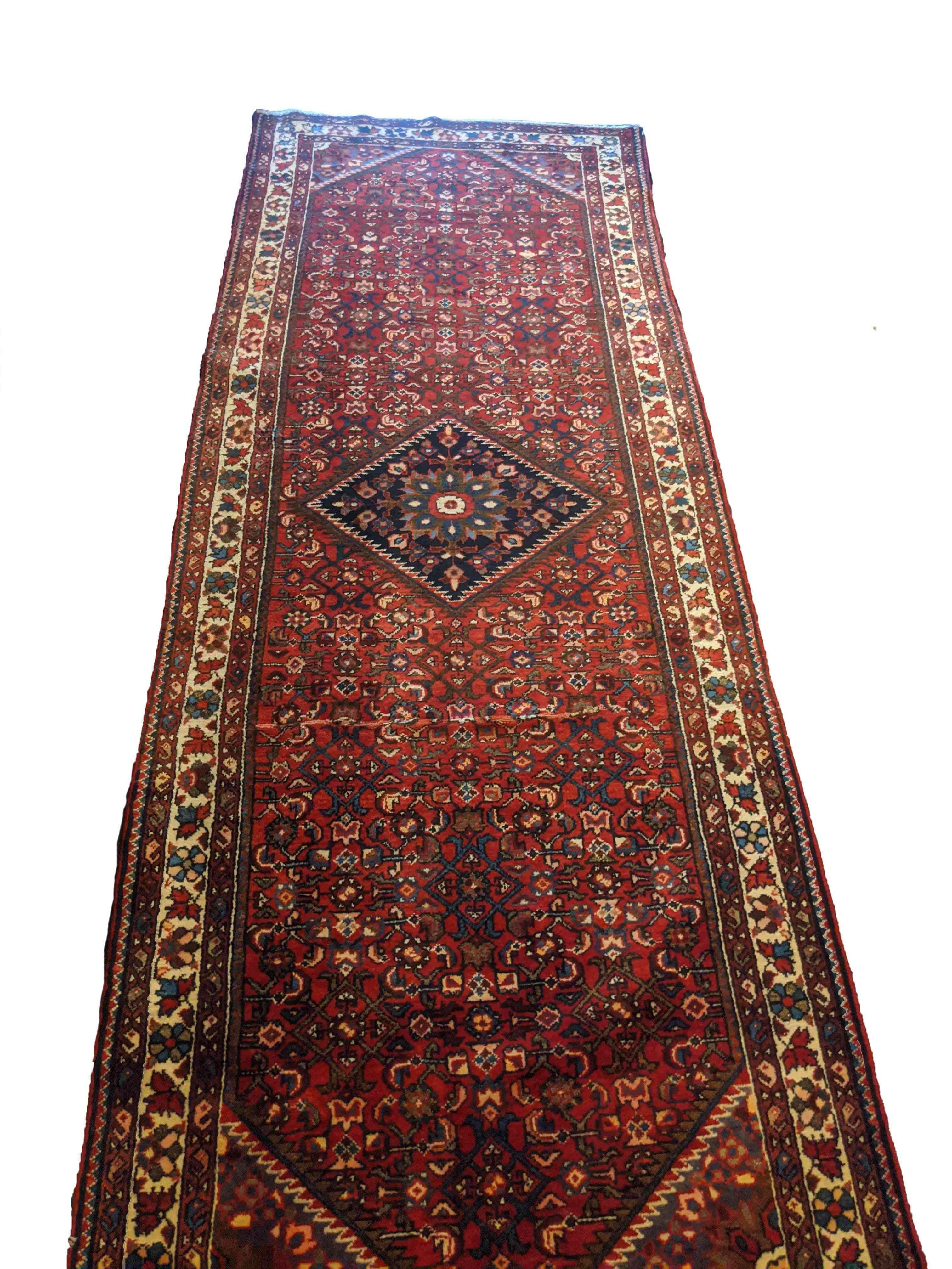 300 x 108 cm Persian Hamadan Red Traditional Brown Rug - Rugmaster