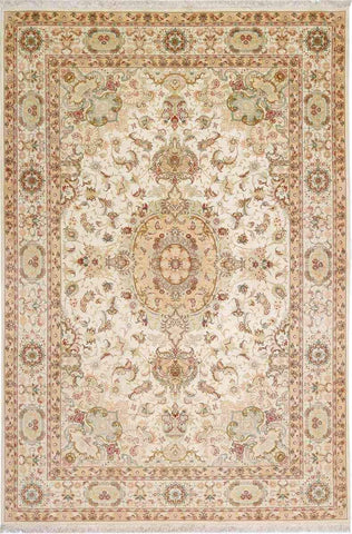 300 x 200 cm Fine Persian Tabriz Silk & wool Beige Traditional Large Rug - Rugoutlet