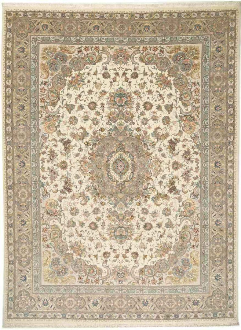 300 x 200 cm Fine Persian Tabriz Silk & wool Traditional Green Large Rug - Rugmaster