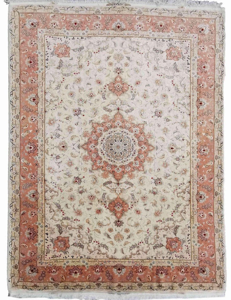 307 x 203 cm Tabriz Signed Silk & Wool Traditional Beige Large Rug - Rugoutlet