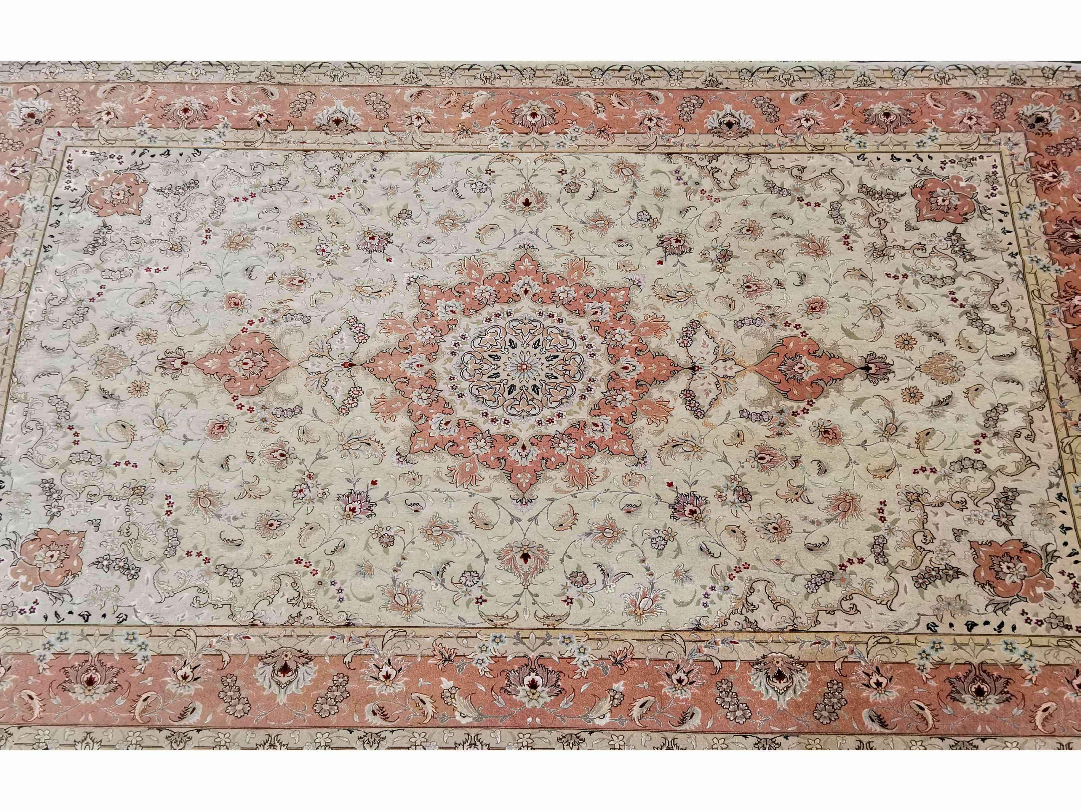 307 x 203 cm Tabriz Signed Silk & Wool Traditional Beige Large Rug - Rugoutlet