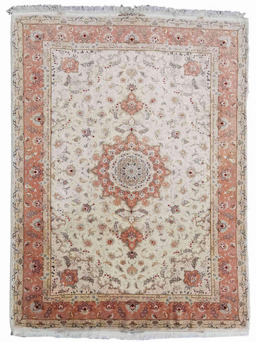 307 x 203 cm Tabriz Signed Silk & Wool Traditional Beige Large Rug - Rugoutlet