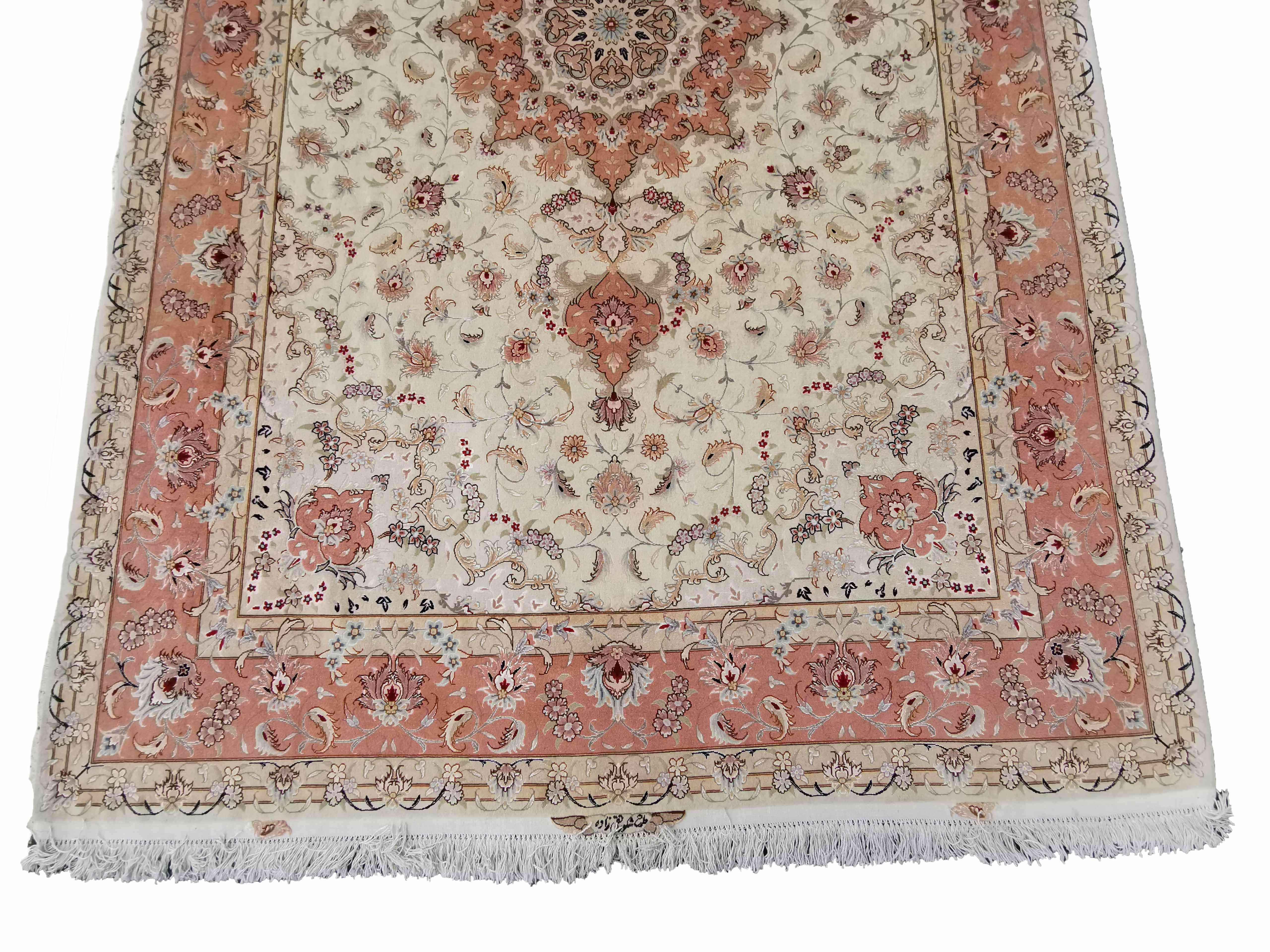 307 x 203 cm Tabriz Signed Silk & Wool Traditional Beige Large Rug - Rugoutlet