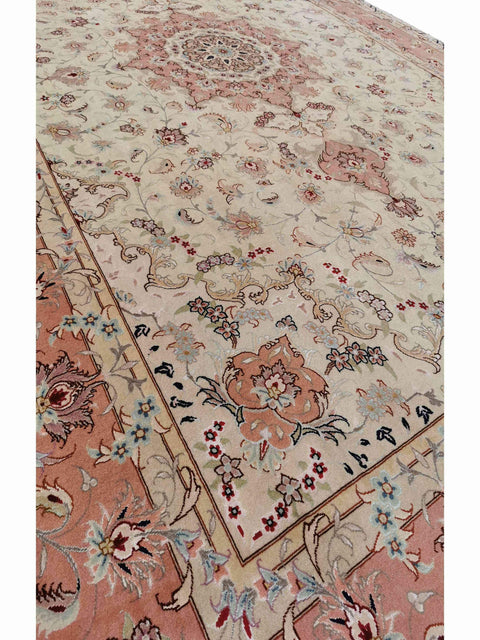 307 x 203 cm Tabriz Signed Silk & Wool Traditional Beige Large Rug - Rugoutlet